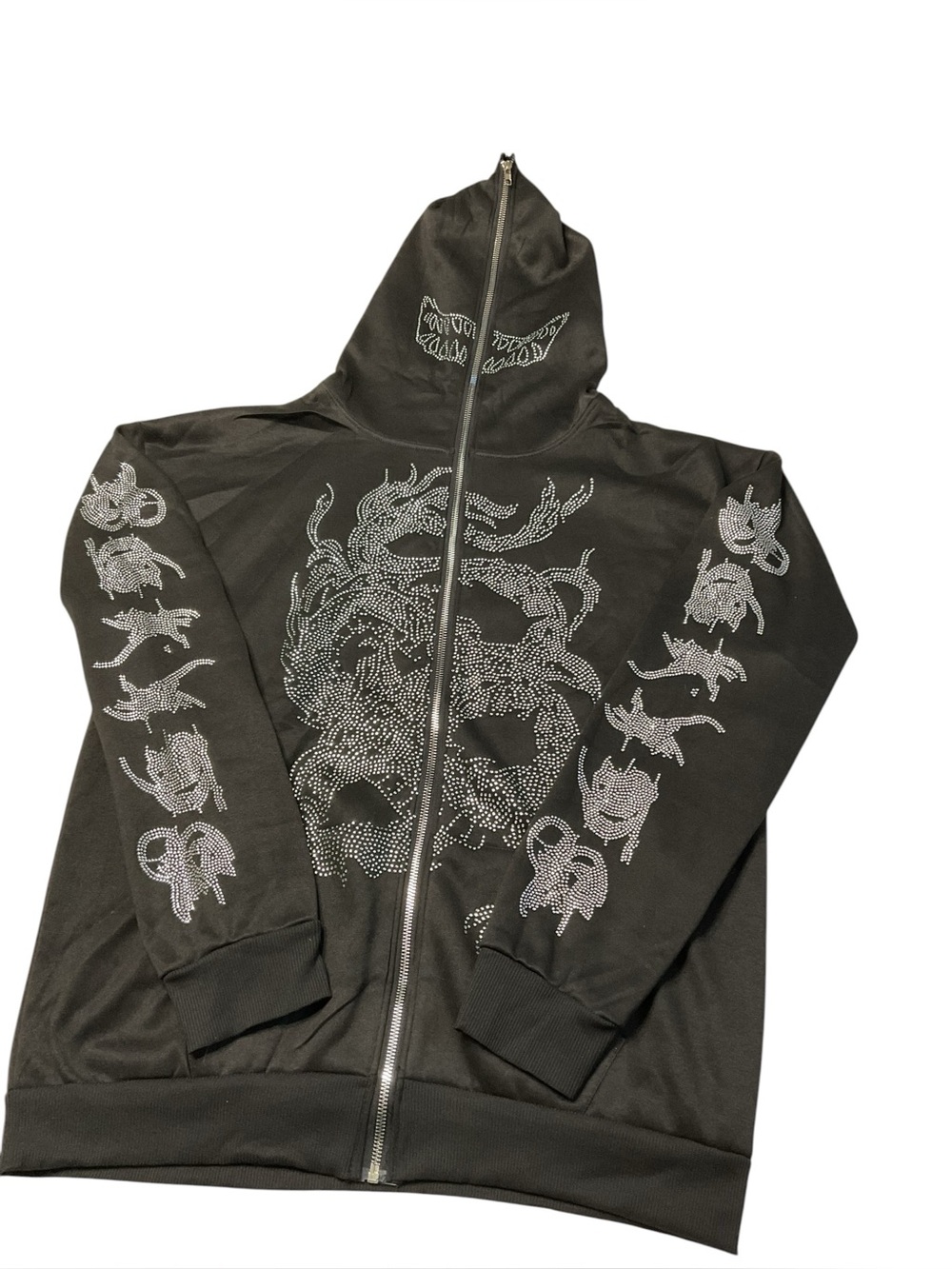 Black Rhinestone Dragon Y2K Zip Hoodie STREETWEAR w-19 l -26
